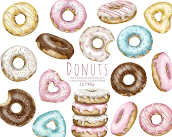 Watercolor donut clipart.  Chocolate donuts, sprinkles donuts. Dessert clipart.