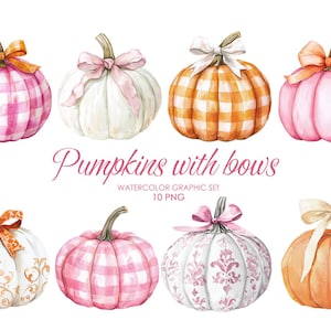Aquarel pompoen clipart. Pompoenen en strikken. Leuke herfstclipart. Roze pompoen, png