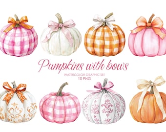 Watercolor pumpkin clipart. Pumpkins and bows. Cute autumn clipart. Pink pumpkin png