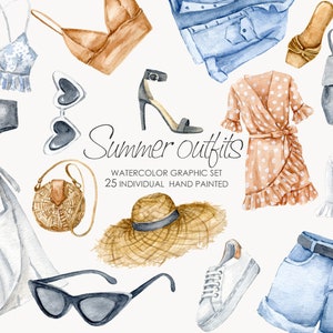 Fashion outfits summer clothes. Hand Painted Womens Clothes. Summer clothes clipart
