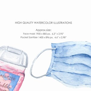 May include: Watercolor illustration of a blue face mask and a pink pocket hand sanitizer bottle with the text "SANITIZER Bubble gum".