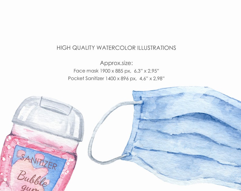 May include: Watercolor illustration of a blue face mask and a pink pocket hand sanitizer bottle with the text "SANITIZER Bubble gum".