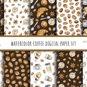 Aquarell Kaffee Digital Papier Set-Kaffee Nahtlose Muster JPEG Download-Kaffee Scrapbooking-Essen Muster Set