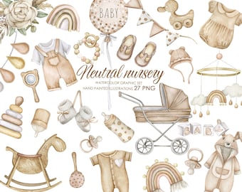 Watercolor boho nursery clipart. Neutral nursery clipart. Baby shower PNG.