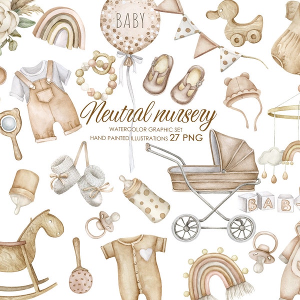 Watercolor boho nursery clipart. Neutral nursery clipart. Baby shower PNG.