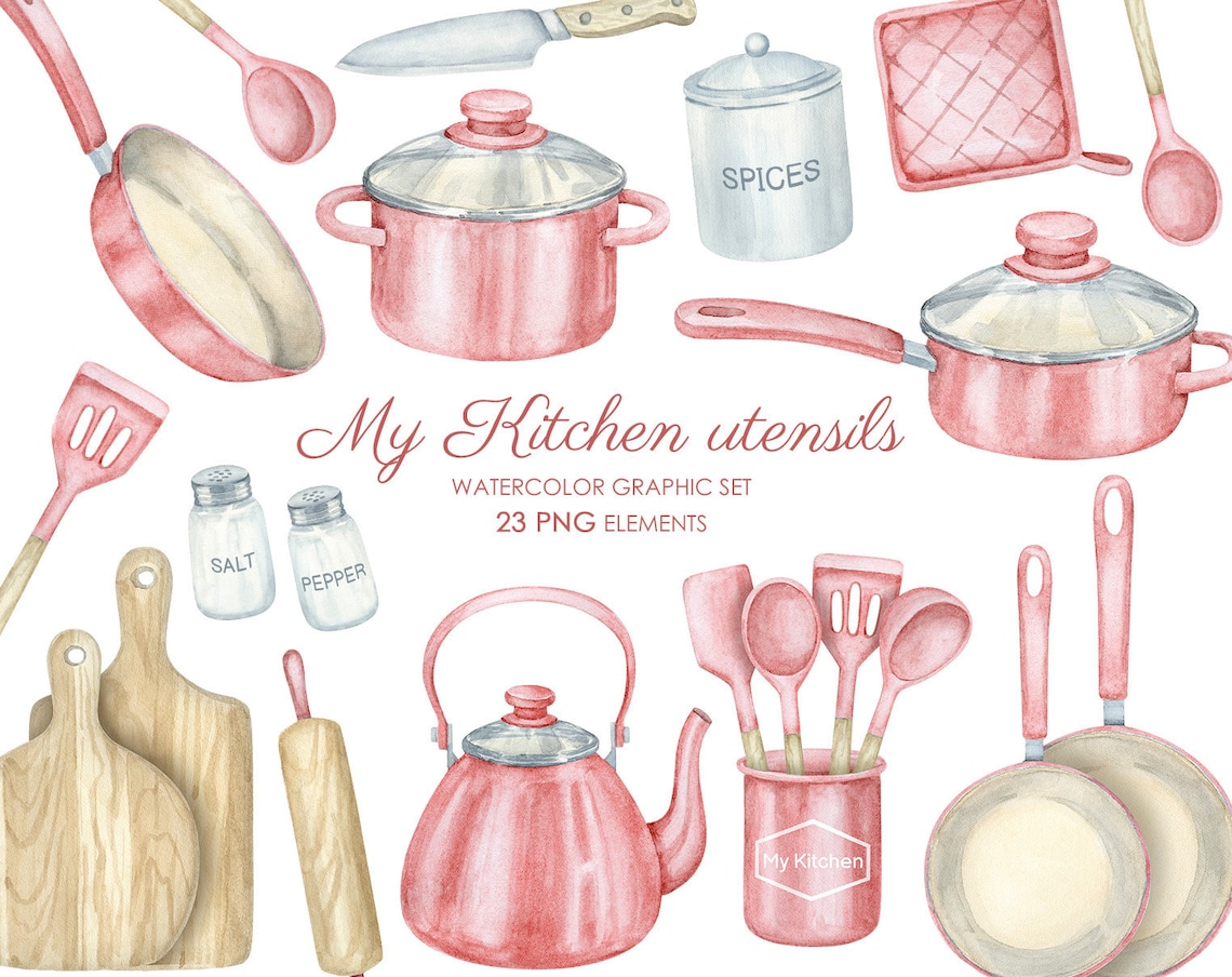 Watercolor Pink Kitchen Clipart. Pots and Pans Kitchen | Etsy