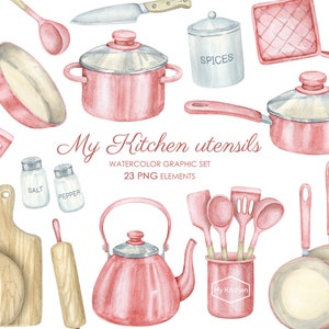 Watercolor pink kitchen clipart. Pots and pans, kitchen spatulas, kitchenware. Cooking clipart.