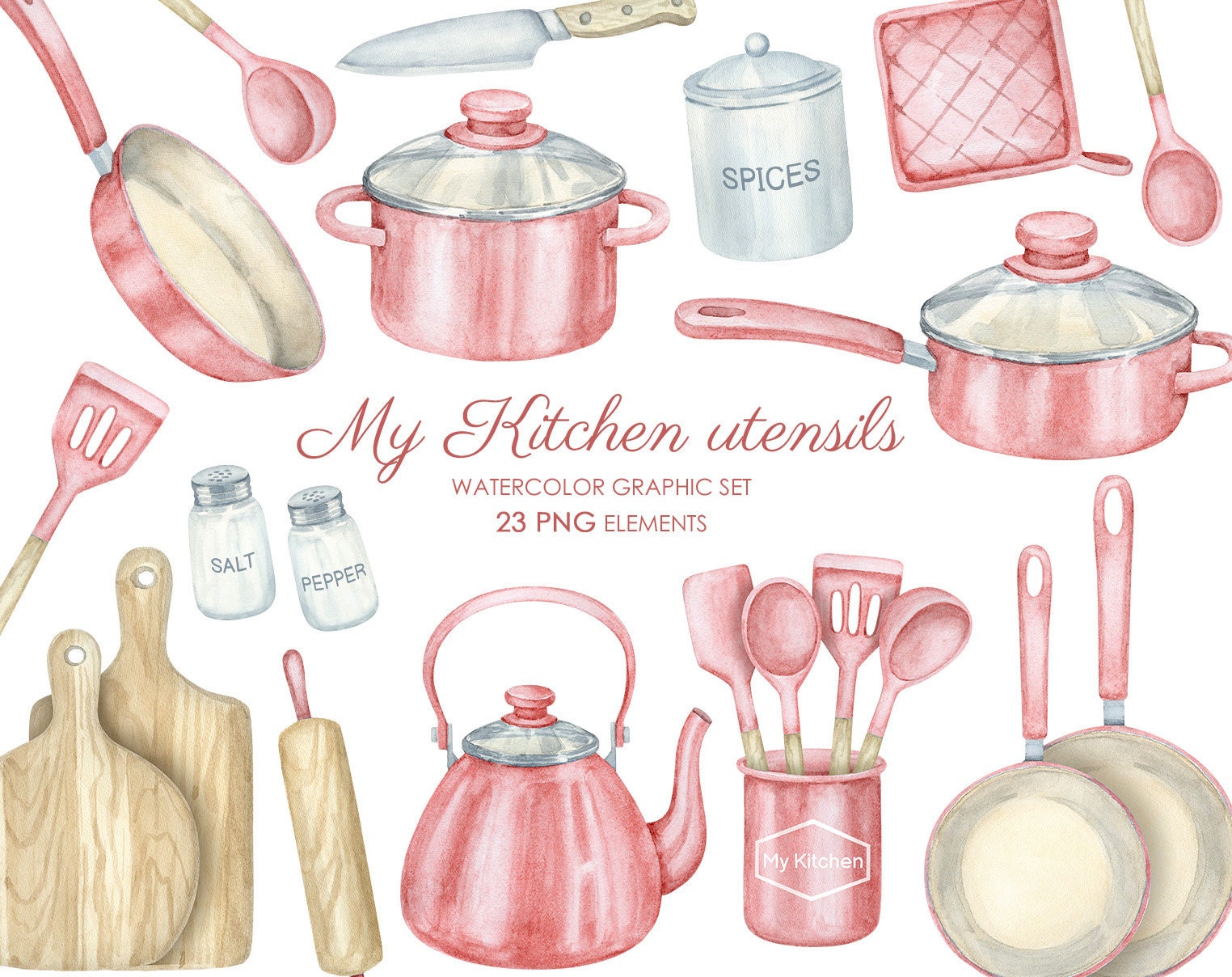 Watercolor Pink Kitchen Clipart. Pots and Pans, Kitchen Spatulas