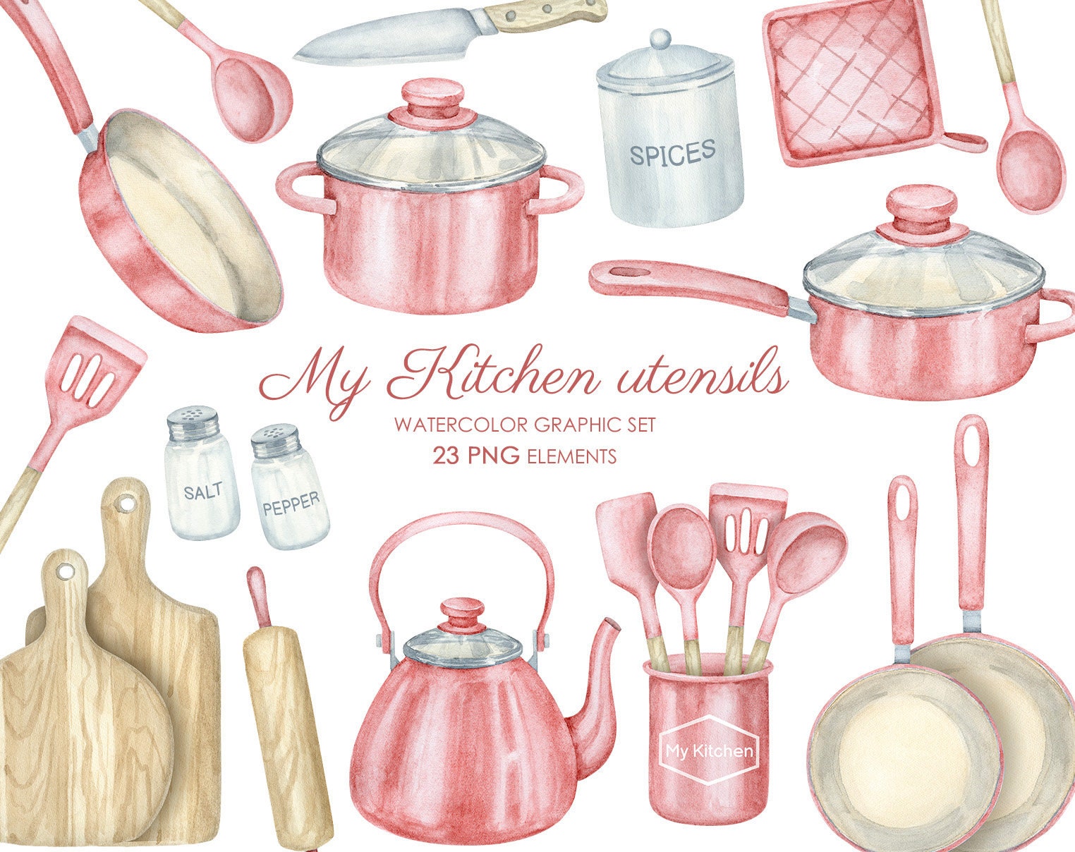 Watercolor Pink Kitchen Clipart. Pots and Pans Kitchen Spatulas