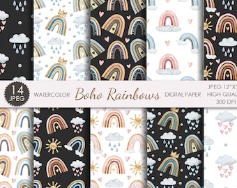 Papel digital Boho rainbows. Patrón sin costuras arco iris de acuarela. Impresión linda de la guardería.