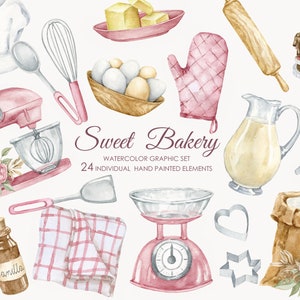 Aquarell Bäckerei Clipart. Aquarell Hand gezeichnete Backwaren PNG. Bäckerei Clip Art Retro Stil. Vintage Küche.