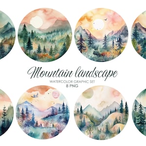 Watercolor Mountain Clipart. Nature in circles clipart. Forest and mountains. Free commercial use.
