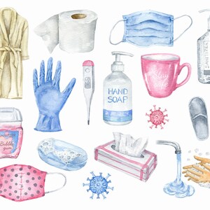 May include: Watercolor illustration of various items related to hygiene and safety during a pandemic.  Items include a bathrobe, toilet paper, face mask, hand sanitizer, thermometer, gloves, soap, tissues, a mug that says "Stay Safe", slippers, and a depiction of washing hands.