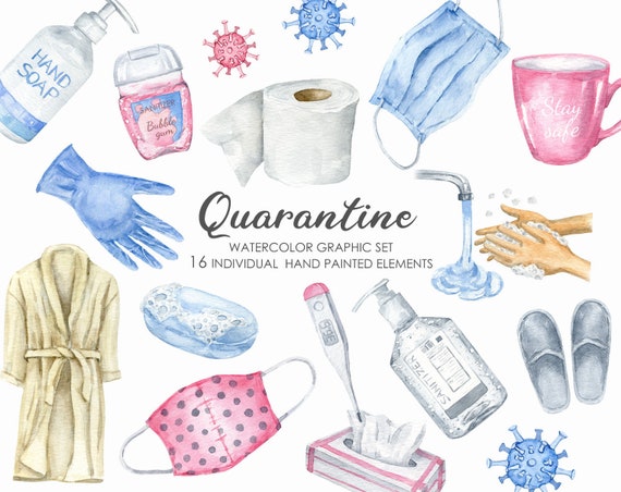 Watercolor Quarantine Clipart Set-Self-isolation clip art PNG-Stay Home- Face mask-Virus Pandemic-Wash hands illustration-Bathrobe