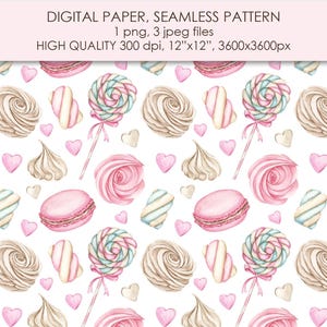 Sötsaker rosa akvarell digitalt papper. Marshmallow godis sömlöst mönster. Scrapbook sötsaker handmålat papper
