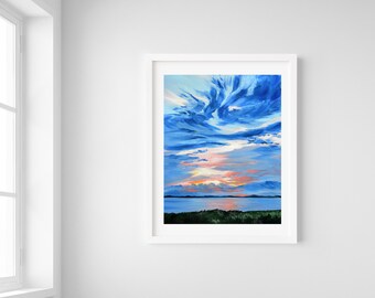 pintura original do pôr do sol, pôr do sol na praia, oceano e céu, arte em nuvens, pintura costeira do pôr do sol, 11x14, sem moldura, pintura em nuvens, céu de praia