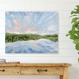 Large original lake painting, lake landscape on canvas, peaceful, calm, peach decor, light blue, cloud painting, trees, water reflection