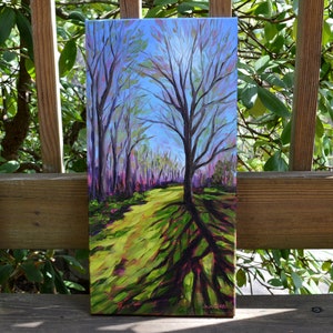 Vertical Tree Painting, Woods Art, Blue Sky, Original Oil Painting, Art with Trees, Tree Shadows, Forest, Spring Trees, Tall Canvas, Nature
