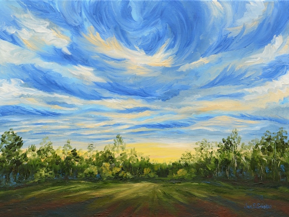 流れる空の絵画、渦巻く雲、雄弁な風景、土地と空、青空