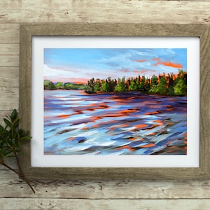 Lake Painting on Paper, Original Oil Painting, Lake Landscape, Landscape Wall Art, Framed Art, Deep Creek Maryland, Colorful Sky, Pine Trees