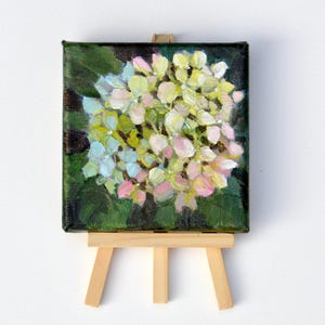 original hydrangea painting, mini floral art, white flowers, small garden art, small canvas, garden lover, mini easel, art gift