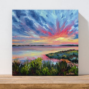 original beach art, colorful beach sunset, peaceful art, beach landscape, seashore art, ocean painting, water reflections, sky painting