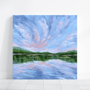 Original lake painting, landscape painting, sunset painting canvas wall art, peach, light blue decor, cloud painting, peaceful, water, trees