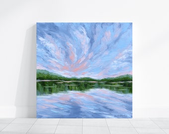 Original Oil Painting, Lake Landscape, Sunset Reflection, 8x8 Canvas