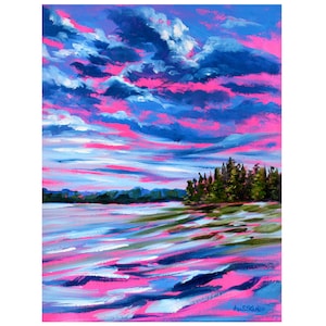 Original Lake Landscape, Painting on Paper, Oil Painting, Landscape Wall Art, Framed Art, Deep Creek Maryland, Colorful Sky, Pine Trees