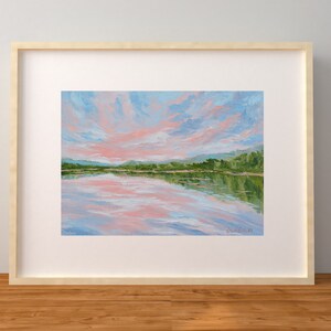 Original lake painting, 5x7 landscape painting, lake landscape on paper, peach decor, light blue, cloud painting, pine trees, water, rocks