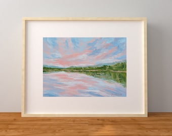 Original Oil Lake Painting, Peach Sky, 5x7 Landscape Art