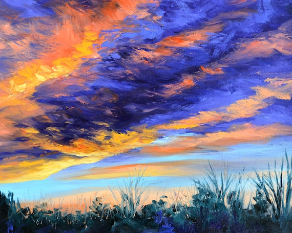 Original Sunrise Painting, Winter Sky Art, Colorful Sky, Morning Sky,  Dramatic Clouds, Sky Oil Painting, Winter Landscape, Purple Clouds 