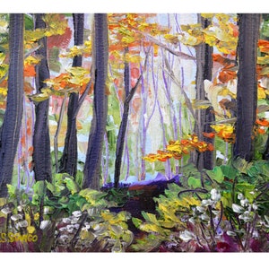 Small Fall Painting, Thick Paint, Autumn Landscape, Woods Scene, Colorful Trees, Texture, Fall Colors, Tree Art, 5x7, Forest, Branches, Fog