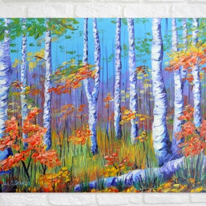 Birch Tree Painting, Fine Art Print, Colorful Trees, Fall Decor, Original Oil Painting, Living Room Art, Fall Landscape, Rainbow Colors