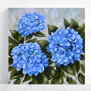 Blue hydrangea original painting, blue flower art, botanical painting, flower painting on canvas, blue art, hydrangeas, floral oil painting