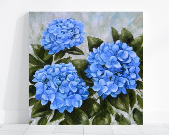 Blue Hydrangea Original Painting, Blue Flower Art, Botanical