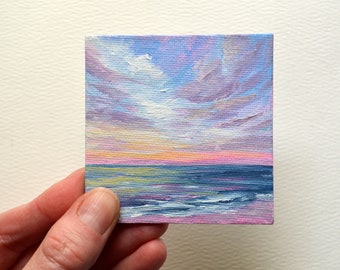 hand painted magnet, beach refrigerator art, mini ocean painting, fridge magnets, hard to buy for, mini painting, beach sunset, seascape