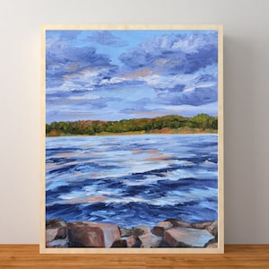 Original lake painting, oil painting landscape, lake landscape, Deep Creek Maryland, cloud painting, pine trees, painting of water, rocks