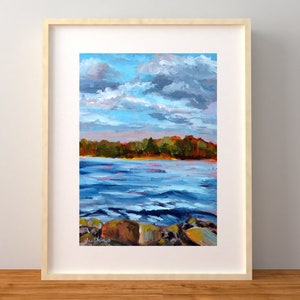 Original Lake Painting, Painting on Paper, Water Painting, Lake House Art, Lake Landscape, Deep Creek Maryland, Clouds, Sky, Pine Trees