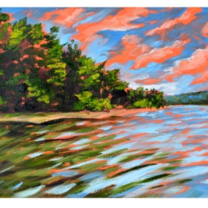 Summer Lake Painting, Original Oil Painting, Lake Landscape, Lake House Art, Framed Art, Deep Creek Maryland, Colorful Sky, Pine Trees
