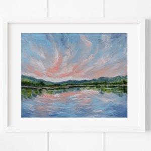 Lake landscape original painting, 8x10 landscape painting, painting on paper, peach, light blue, cloud painting, unframed, dramatic sky