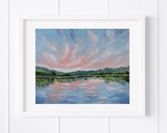 Original Oil Painting, Blue Purple Cloudscape, Lake Landscape Art