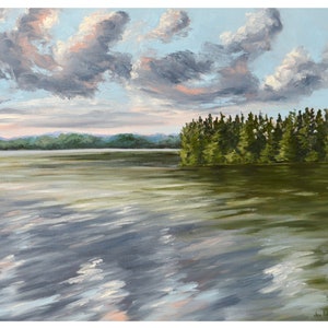 Lake scene painting, original landscape painting, lake landscape, Deep Creek Maryland, cloud painting, pine trees, painting of water, rocks