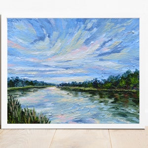 Lake painting landscape, original lake landscape, painting of water, sunset lake painting, peaceful art, water reflection, lake scene, blue