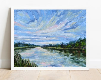 Lake painting landscape, original lake landscape, painting of water, sunset lake painting, peaceful art, water reflection, lake scene, blue
