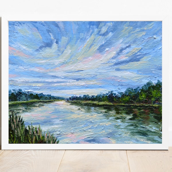 Lake painting landscape, original lake landscape, painting of water, sunset lake painting, peaceful art, water reflection, lake scene, blue