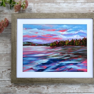 Summer Lake Painting, Original Oil Painting, Lake Landscape, Lake House Art, Framed Art, Deep Creek Maryland, Colorful Sky, Pine Trees