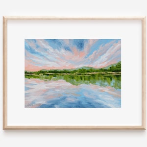 Lake landscape original painting, 5x7 landscape painting, painting on paper, peach decor, light blue, cloud painting, unframed, water, trees