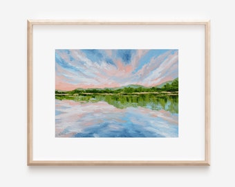 Lake landscape original painting, 5x7 landscape painting, painting on paper, peach decor, light blue, cloud painting, unframed, water, trees