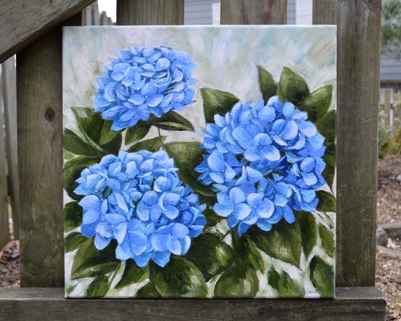 Blue Hydrangea Oil Painting, Floral Botanical Art, 14x14 Canvas - Etsy